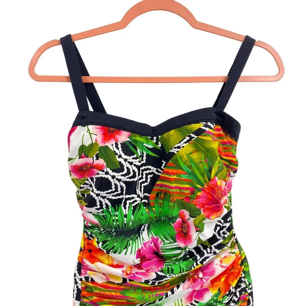 Vintage Maxine floral print one piece swimsuit size 8‎ ruched front tropical